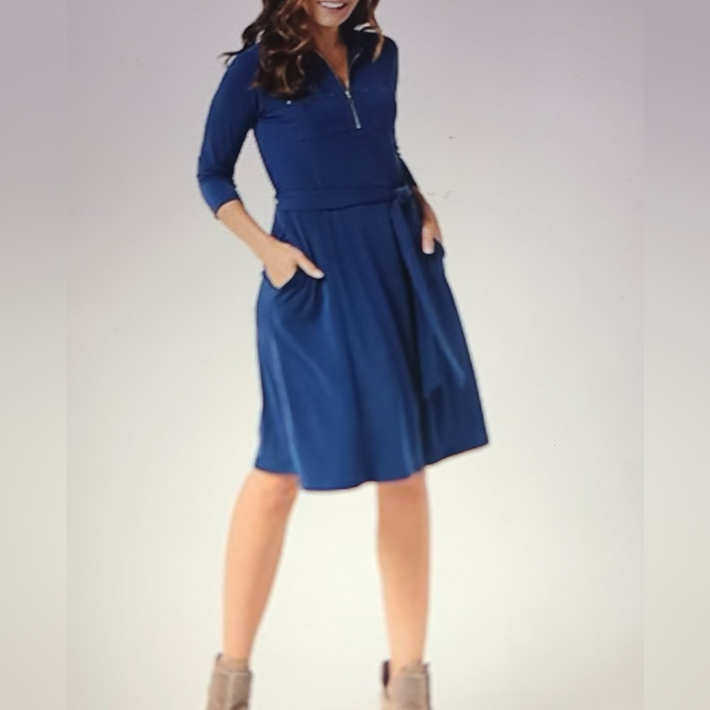 Susan Graver Blue A-Line V-Neck Dress